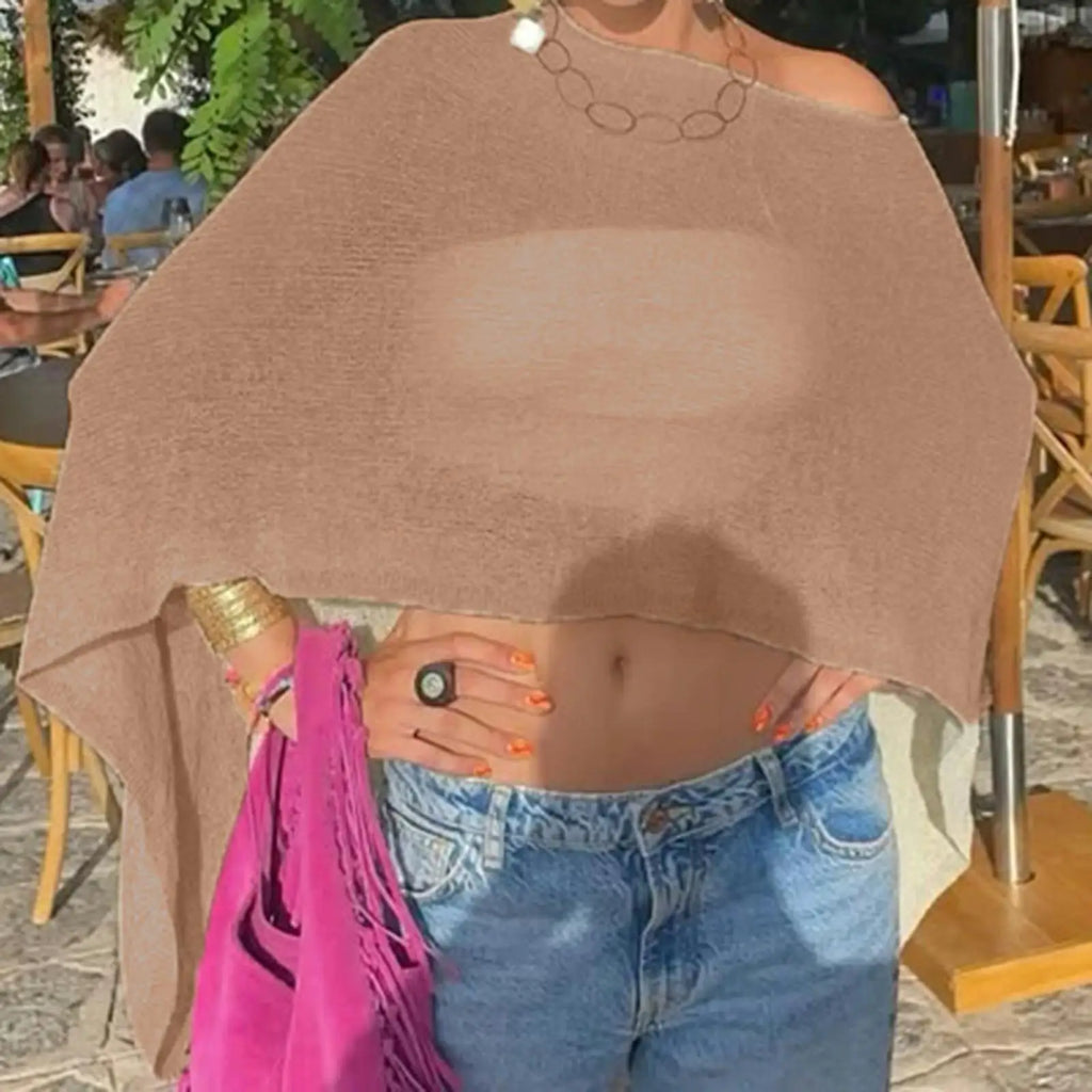 Off Shoulder Knit See Through Lightweight Pullover