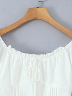 Women Sweet Lace Patchwork Bow Tied Blouses French Slash Neck Short Sleeve
