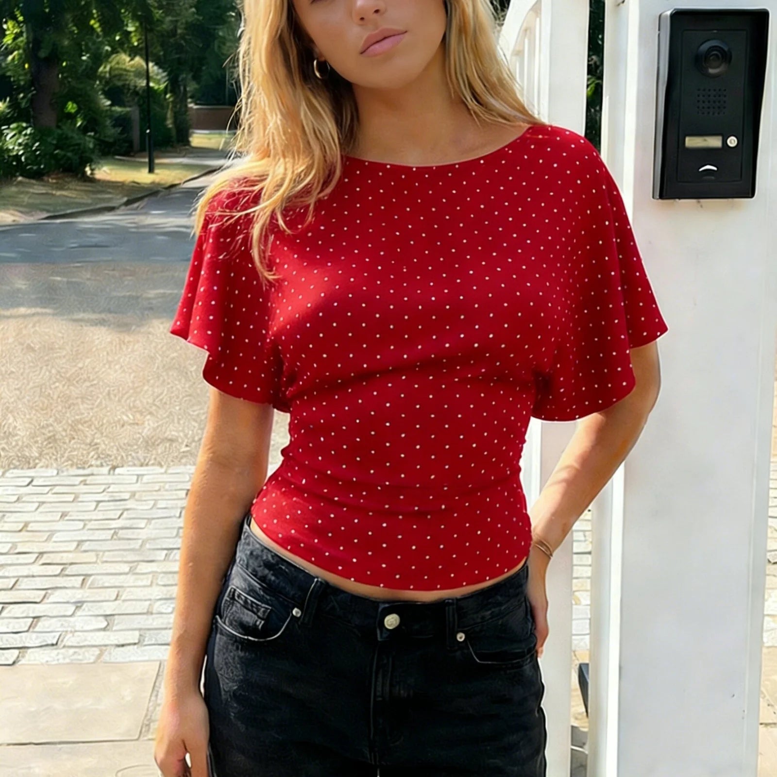 Boat Neck Polka Dot Crop Top With Flutter Sleeves In Loose Fit
