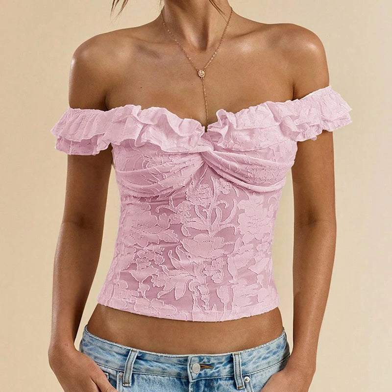Flirty Sheer Lace Crop Top With Ruffle Trim Off Shoulder Twist
