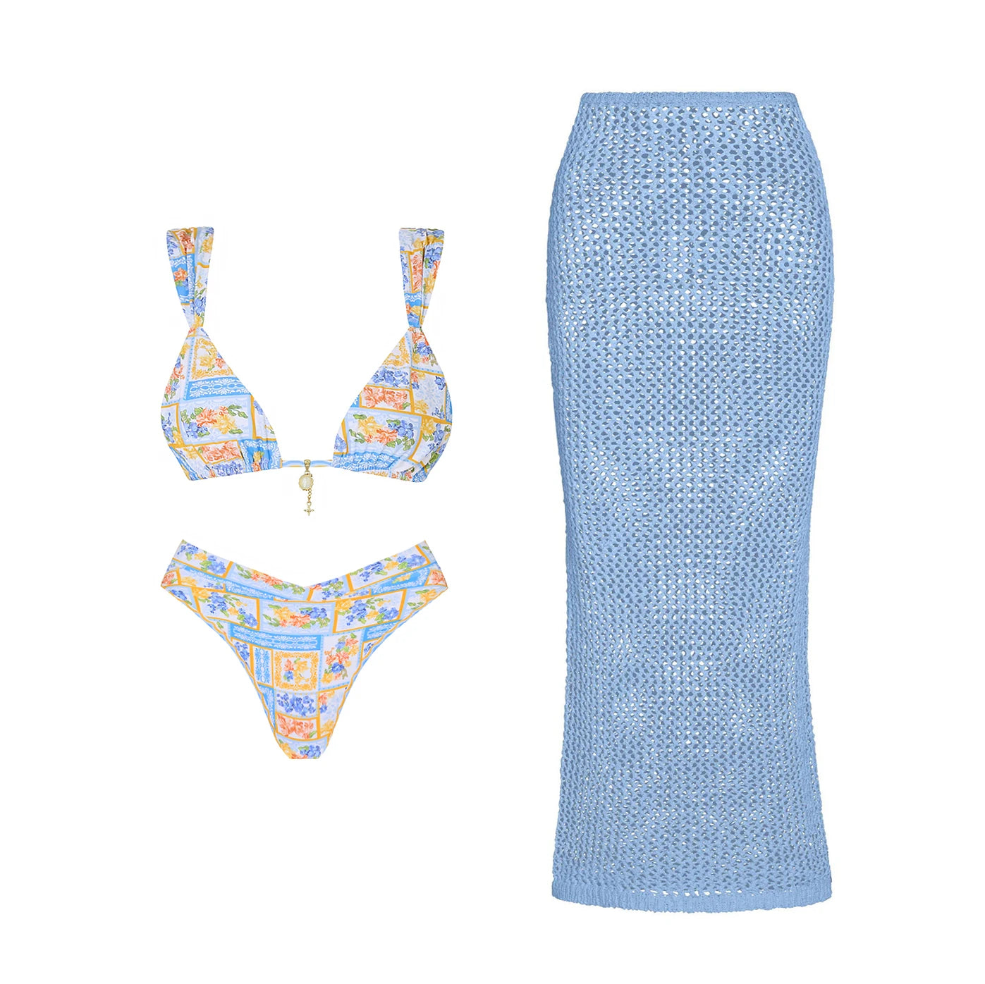 Paisley Print Bandeau Bikini Set With Sarong Cover Up 3Pcs For Women Beach Vacations