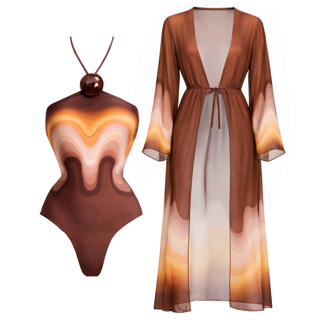 Halter Bikini Set With Long Skirt Cover Up