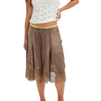 Y2K Lace Floral Bloomers Midi Pants With Silk Satin Patchwork Ruffles
