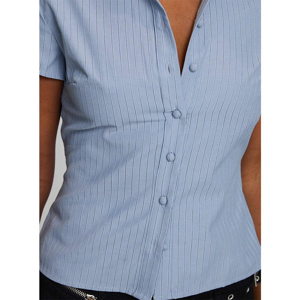 Vintage Striped Short Sleeve Button Down Shirt Preppy Casual Blouse With Crop Top Vibe