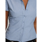 Vintage Striped Short Sleeve Button Down Shirt Preppy Casual Blouse With Crop Top Vibe