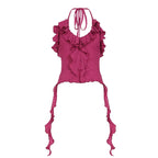Retro Halter Top With Backless Ruffle Hem Detail Sleeveless