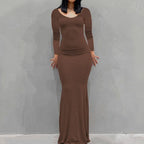 Long Sleeve Dress With Slim Silhouette And Flowing Maxi Skirt