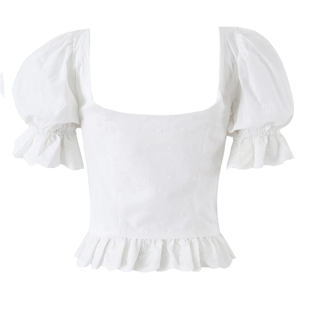 Sweet White Embroidered Floral Crop Shirt With V Neck Puff Sleeves And Ruffle Hem Slim Fit