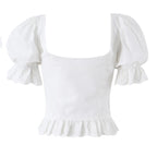 Sweet White Embroidered Floral Crop Shirt With V Neck Puff Sleeves And Ruffle Hem Slim Fit
