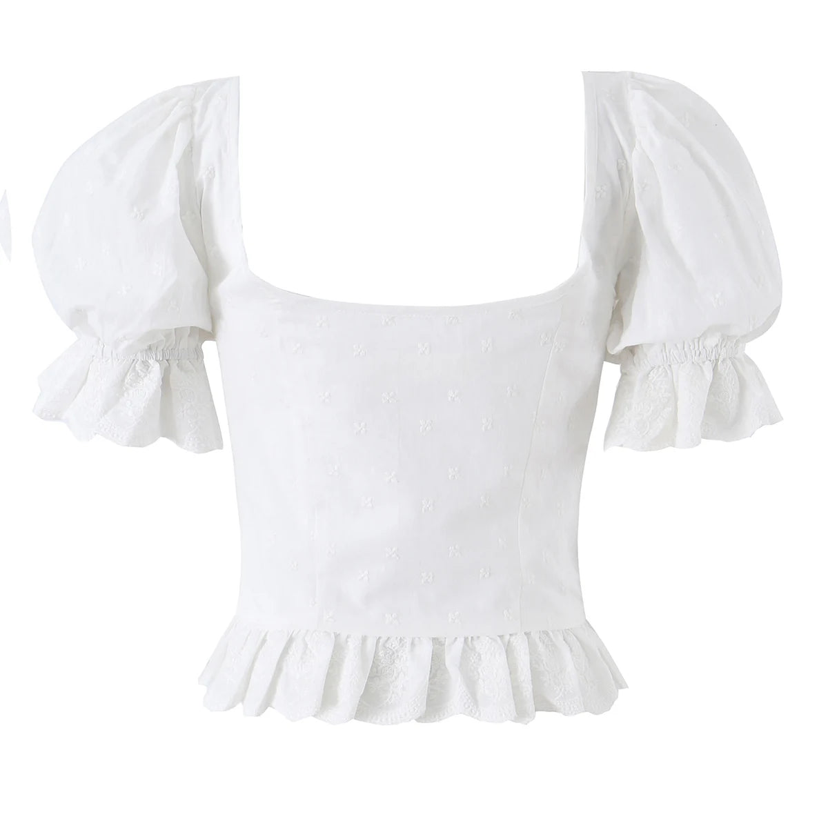 Sweet White Embroidered Floral Crop Shirt With V Neck Puff Sleeves And Ruffle Hem Slim Fit