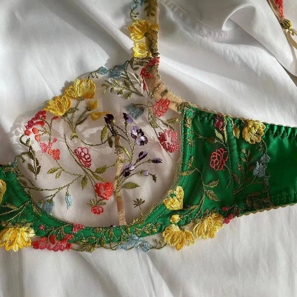 Countryside Embroidered Lingerie Set With Floral Patchwork Bra And Panty Details