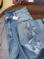 Vintage Embroidered Denim Jeans With High Waist Slim Fit And Beaded Details