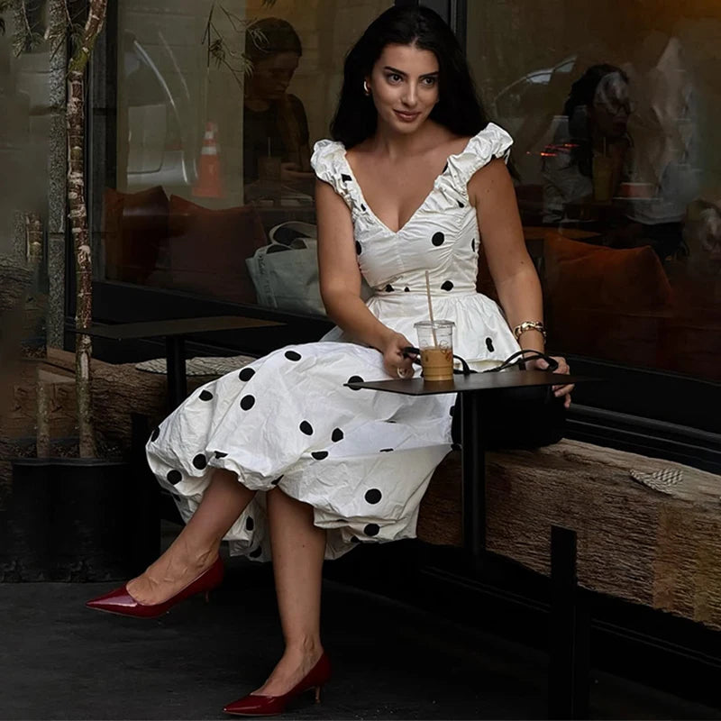 Long Polka Dot Skirt Set With Cropped Puffy Sleeveless Top