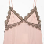 Pink Lace Trim Spaghetti Strap Mini Dress With V Neck Flirty Slip On