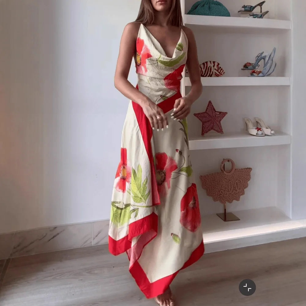 Romantic Floral Spaghetti Strap Backless Maxi Dress
