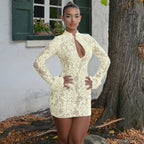 Lace Patchwork Hollow Out Mini Dress With Turtleneck And Long Flare Sleeves