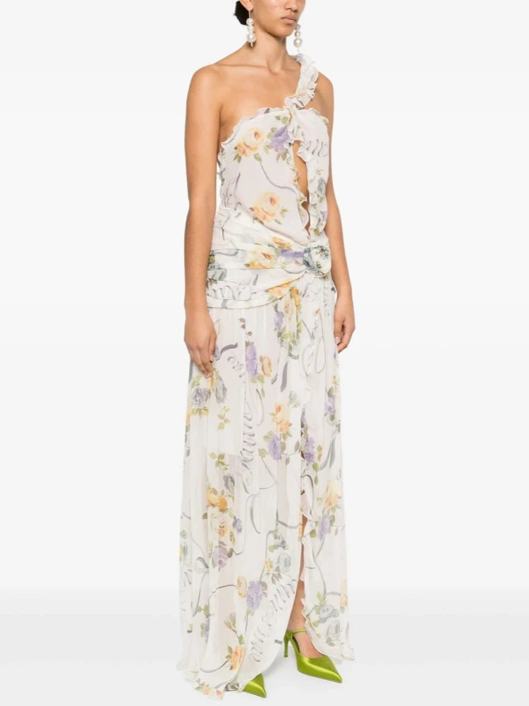 Flirty Floral Printed Off Shoulder Maxi Dress With Backless Detail And Ruffles