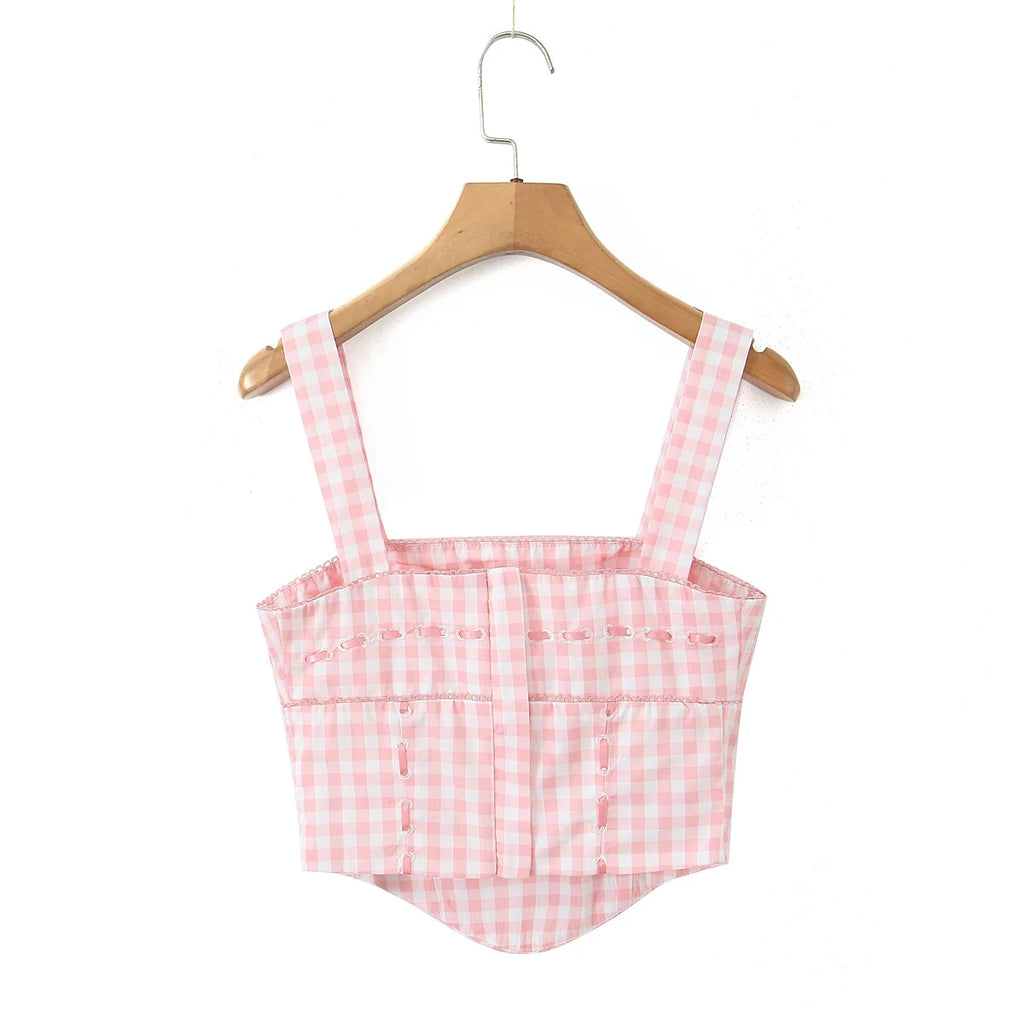 Pink Plaid Crop Top With Slash Collar