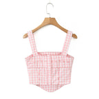 Pink Plaid Crop Top With Slash Collar