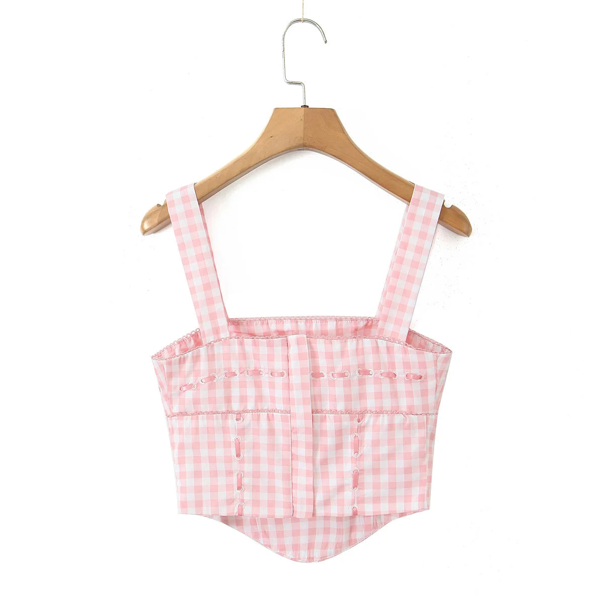 Pink Plaid Crop Top With Slash Collar