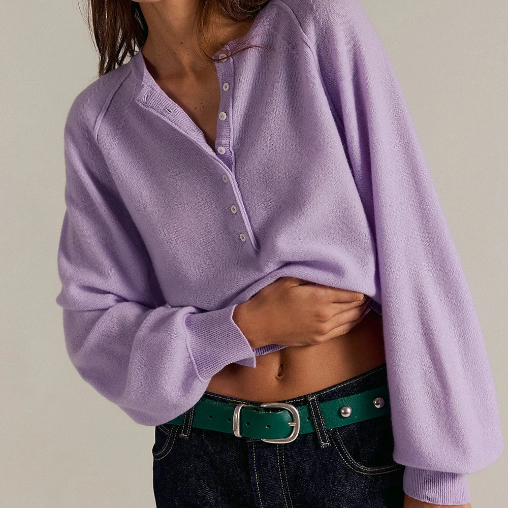 Vintage Long Sleeve O-neck Pullover Sweaters Preppy Solid Button Loose Fits Knitwear
