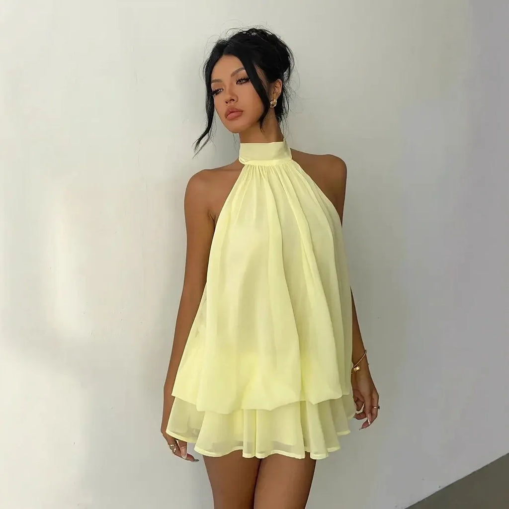 Women's Halter Neck Chiffon Mini Dress - Backless Tie-Front