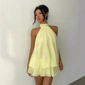 Women's Halter Neck Chiffon Mini Dress - Backless Tie-Front