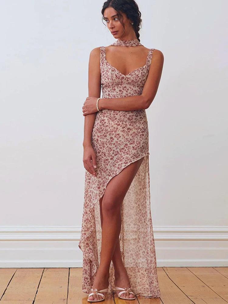 Floral Lace Up Chiffon Maxi Dress With Side Slit Backless