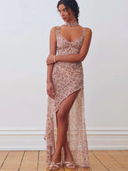 Floral Lace Up Chiffon Maxi Dress With Side Slit Backless
