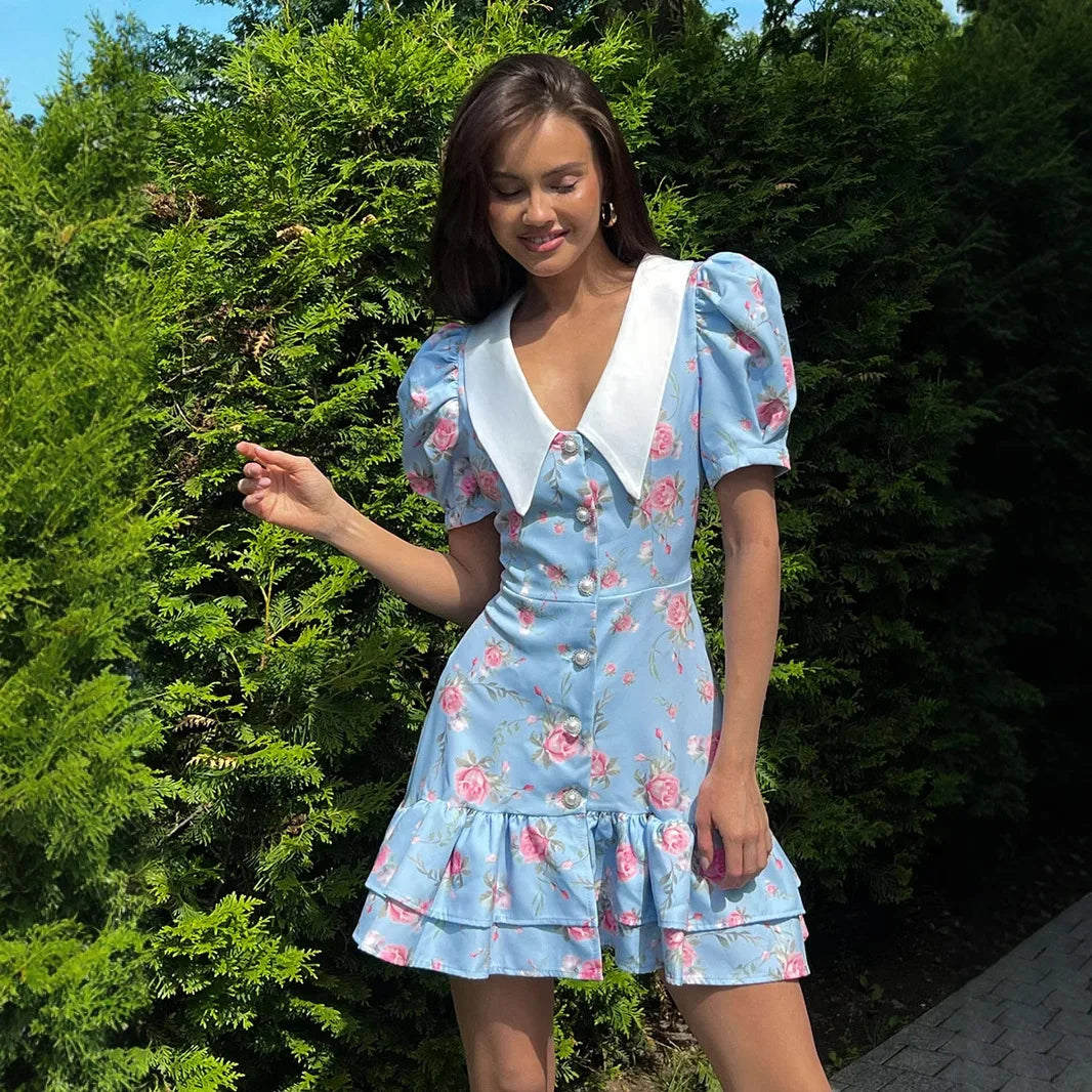Puff Sleeves Ruffled Mini Dress With Pearl Buttons