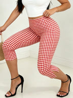 Red And White Checkered Capri Pants With Cuffed Hem Slim Fit Three Quarter Length