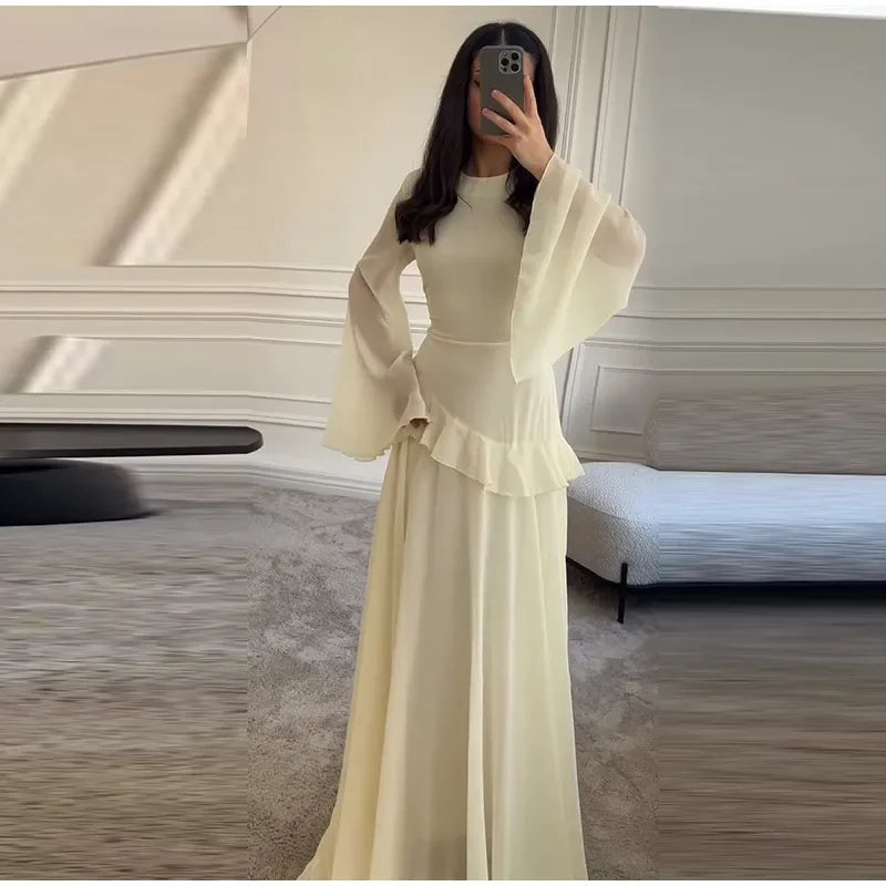 Flare Sleeve Maxi Dress With Ruffle Detail O Neck High Waist Pleated