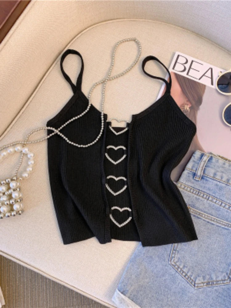 Ribbed Crop Top With Sleeveless Back Heart Decor Cami