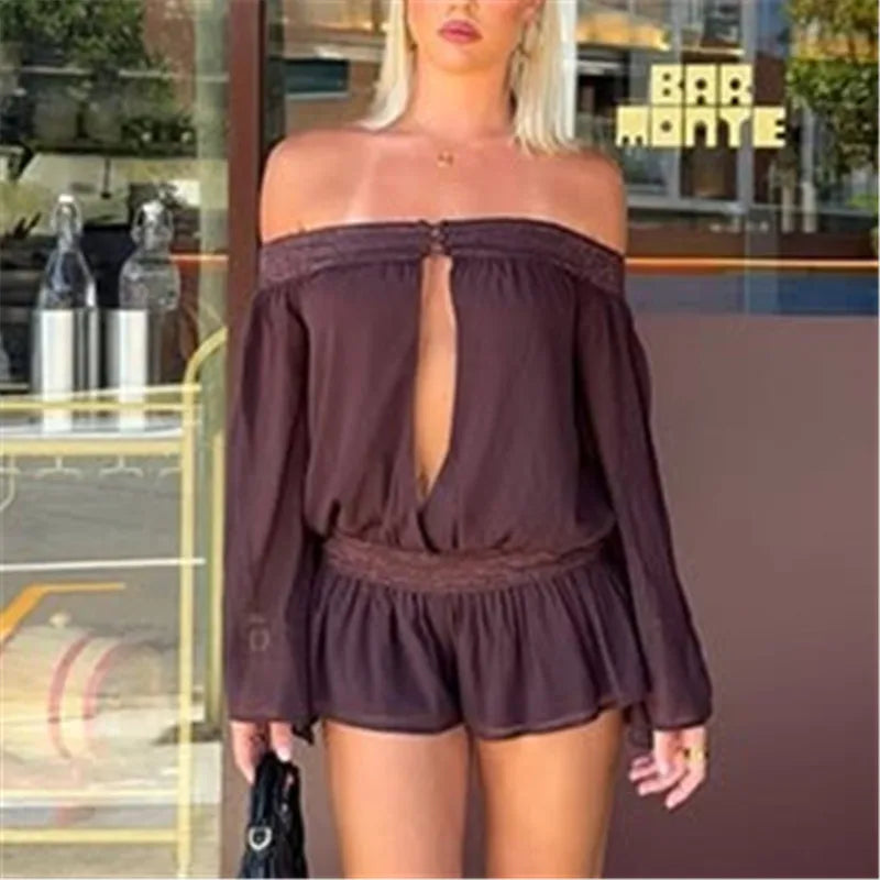 Off Shoulder Chiffon Romper Women Long Bell Sleeve Keyhole Front Lace Trim Ruffle Hem Shorts Jumpsuit