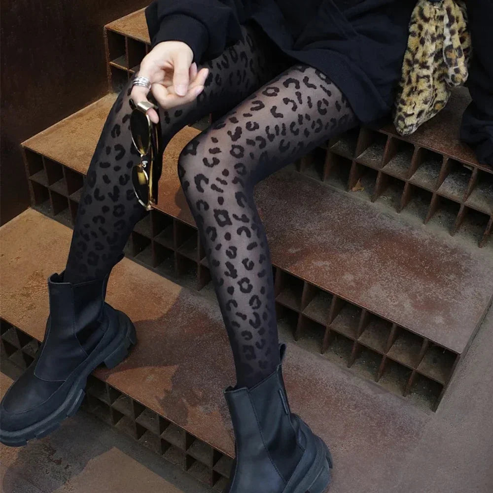 Leopard Pattern Sheer Pantyhose In Gothic Black Silky Finish Vintage Look Stockings