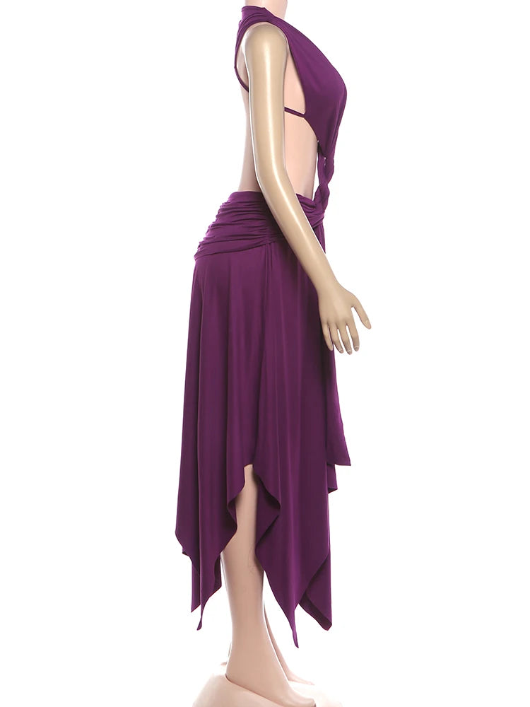 Purple Backless Patchwork Waistless Maxi Dress Irregular Hem