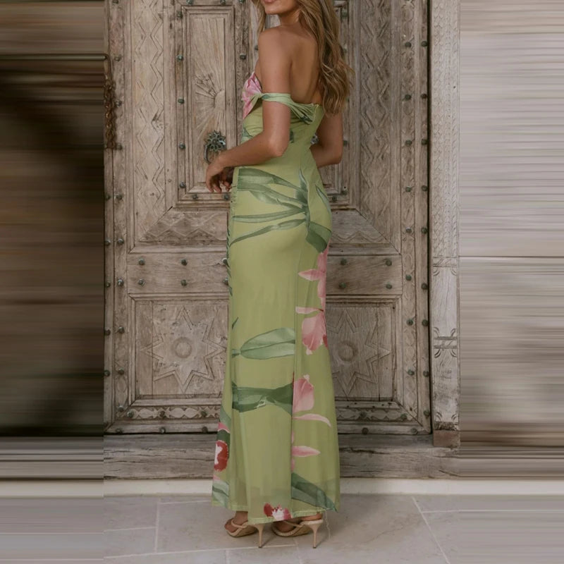 Elegant Floral Mesh Maxi Dress Sleeveless With Slash Collar
