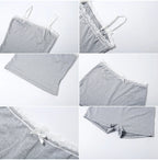 Lace Patchwork 2 Piece Set Women Fashion Bow Applique Low-Neck Camisole+Bike Shorts