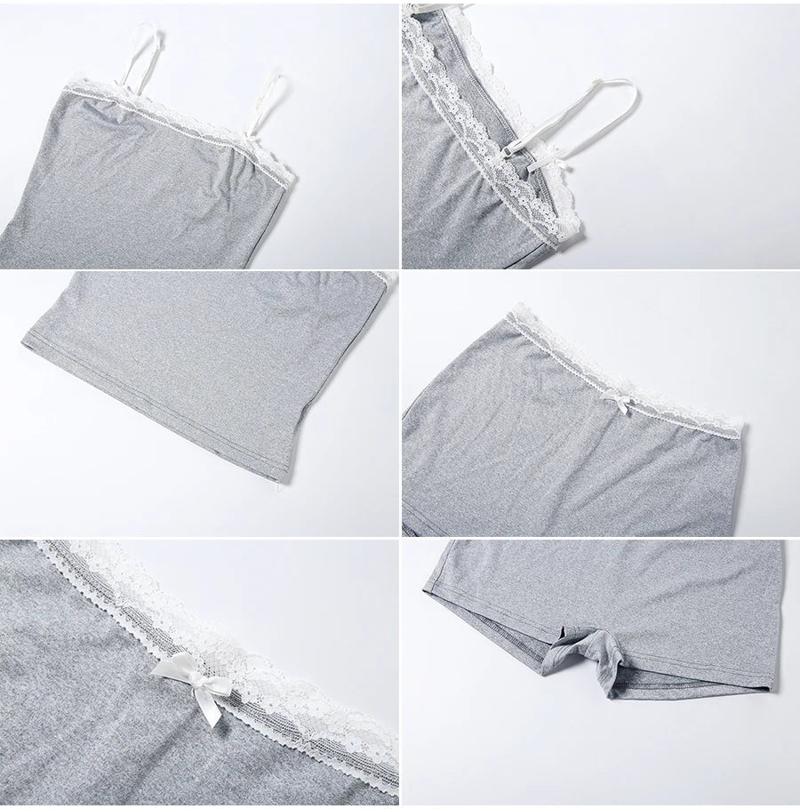 Lace Patchwork 2 Piece Set Women Fashion Bow Applique Low-Neck Camisole+Bike Shorts