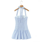 Stripes Tie Bow Halter Sling Satin Dress Women Low Waist Ball Gown Pleated