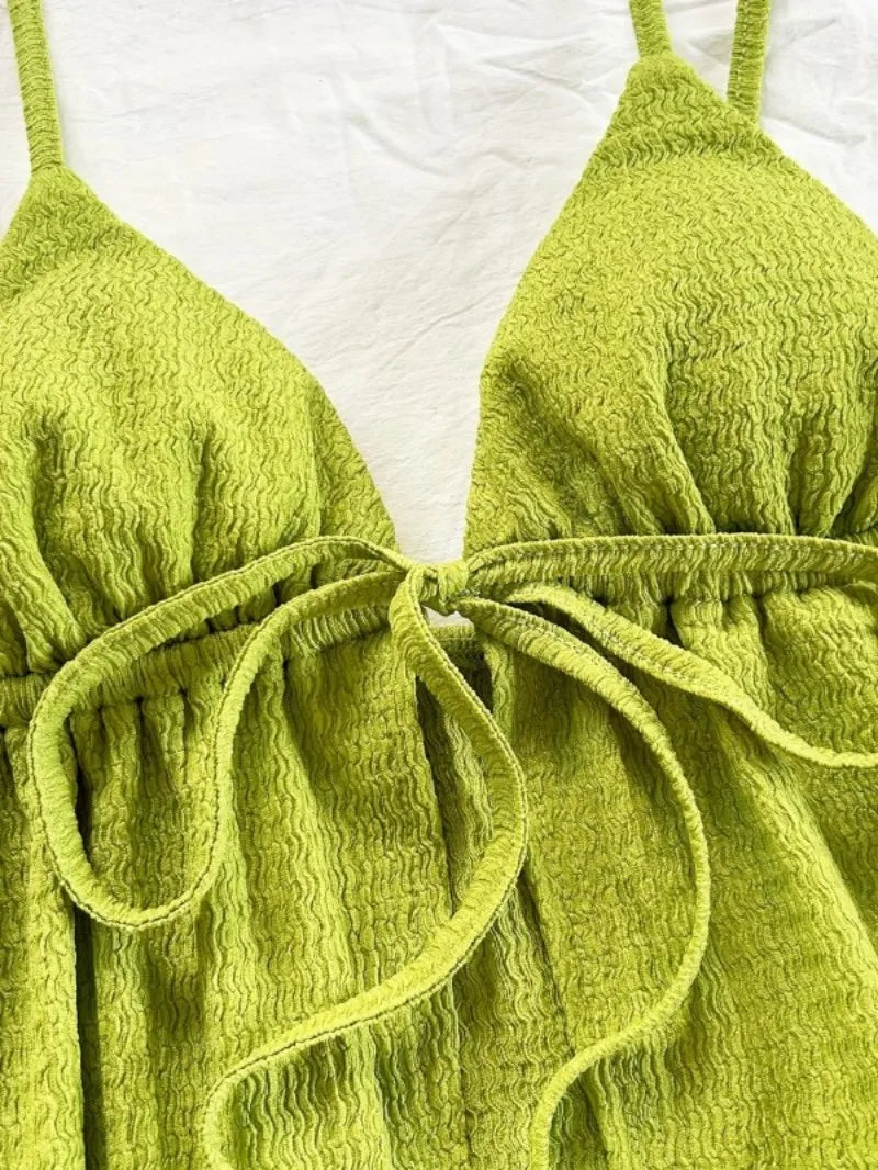 Verdant Cami Set With Drawstring Top And Elastic Waist Shorts In Soft Knit Fabric