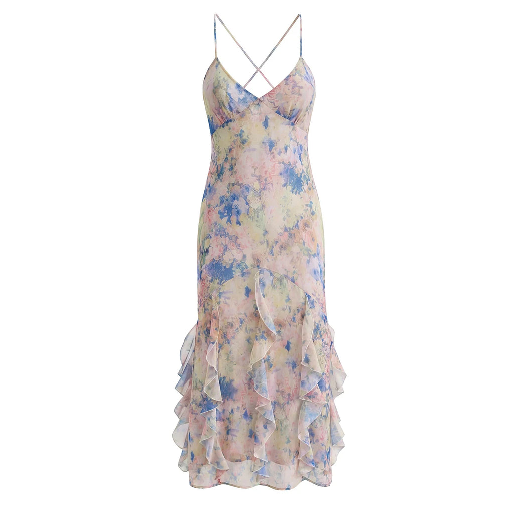 Gradient Floral Ruffles Chiffon Dress With V Neck Backless