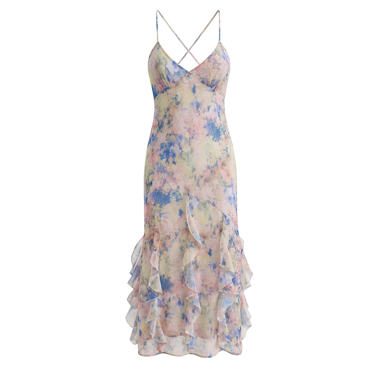 Gradient Floral Ruffles Chiffon Dress With V Neck Backless