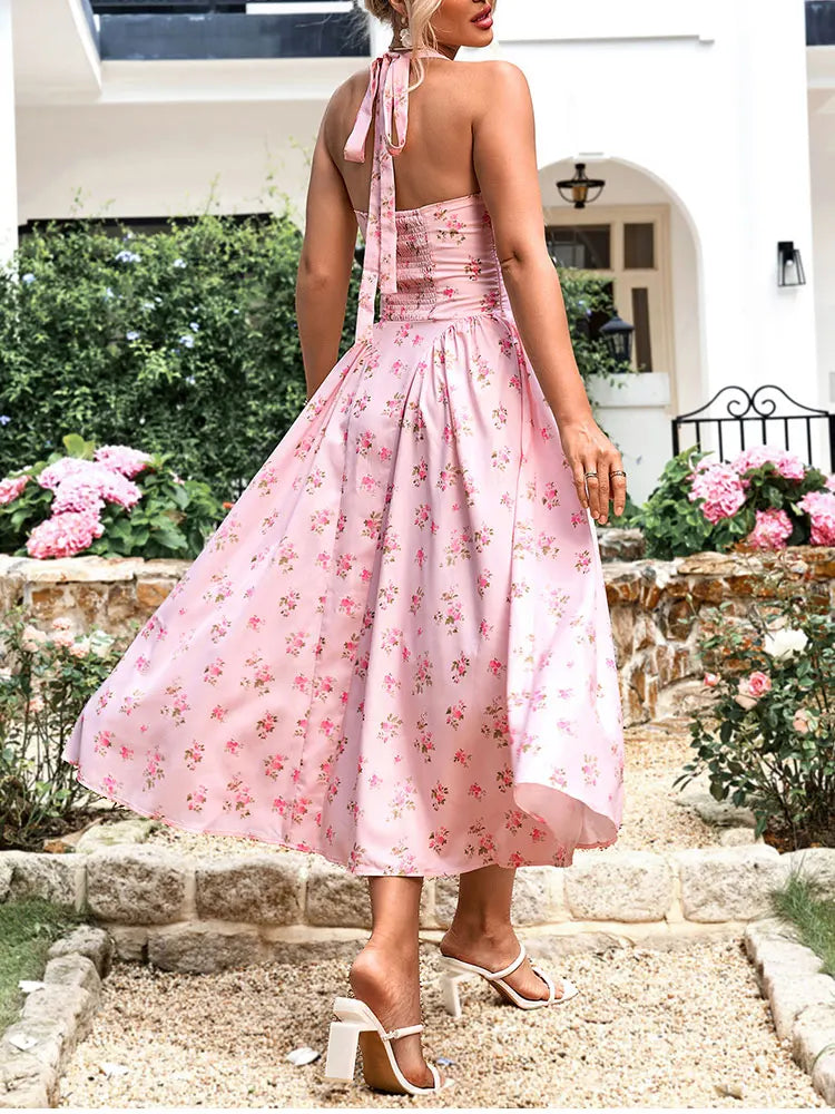Floral Halter Midi Dress With Spaghetti Straps, Backless Corset Waist Tie Up Detail