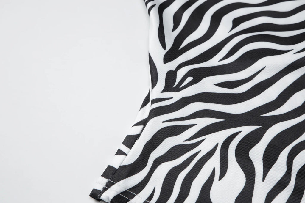 Zebra Print V Neck Backless Ruched Crop Tank Top
