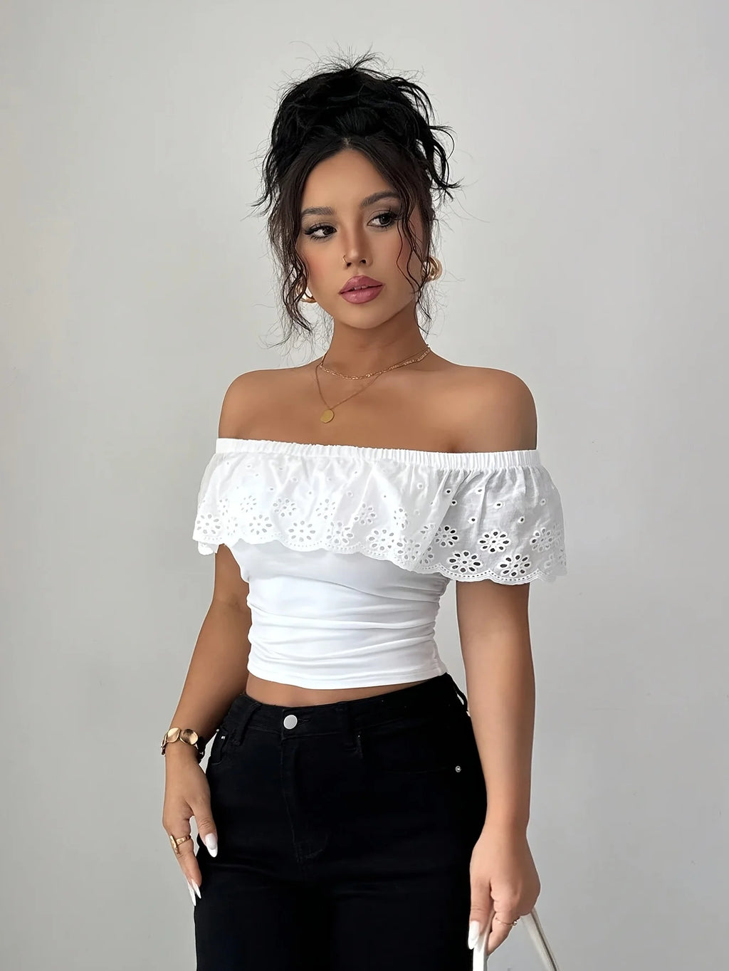 Hollow Jacquard Off Shoulder Top In