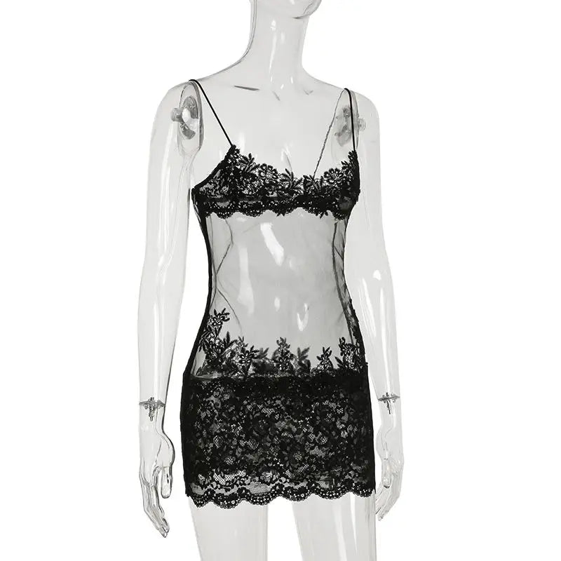 Sheer Lace Mesh Camisole Mini Dress