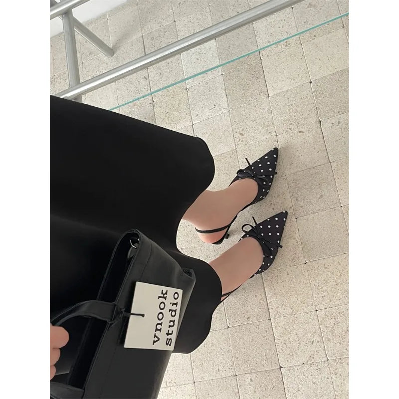 Satin Butterfly Polka Dot Pointed Toe Mules For Women Low Heel Pumps