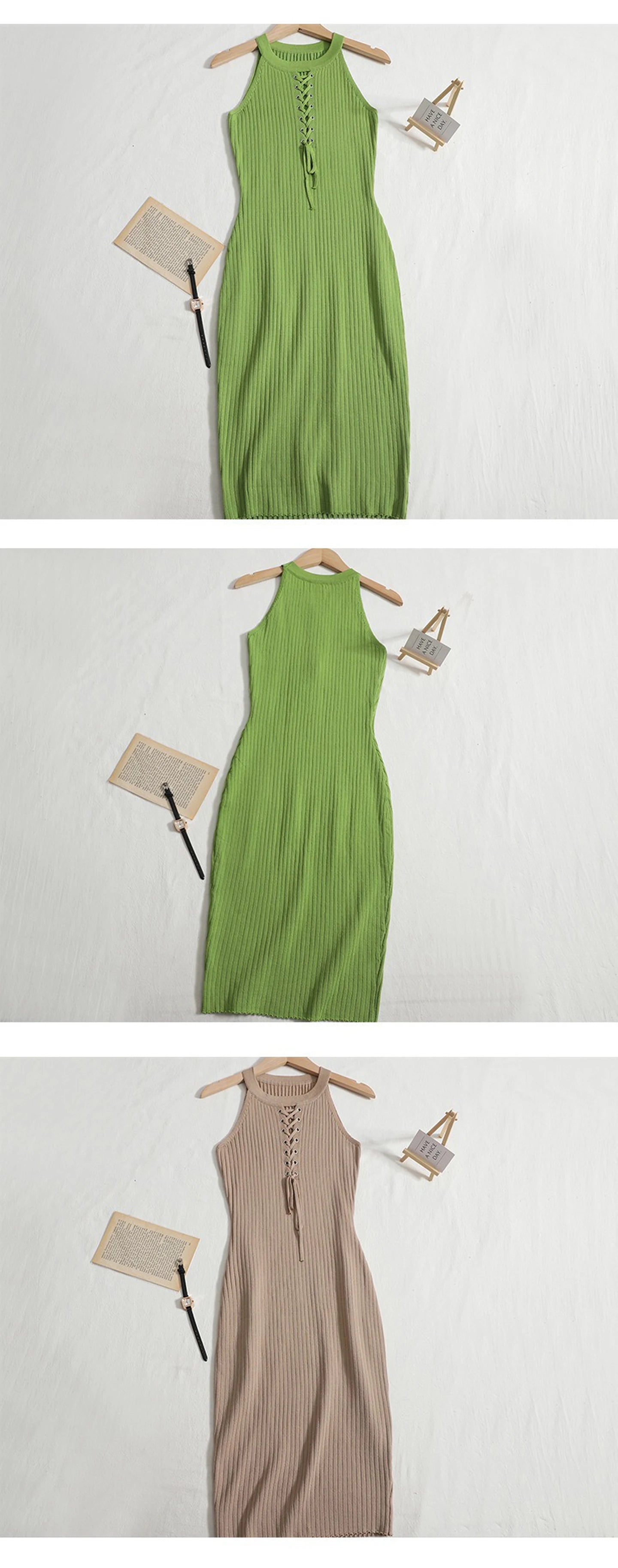 Knit Bandage Mini Dress For Women Sleeveless O-Neck Bodycon