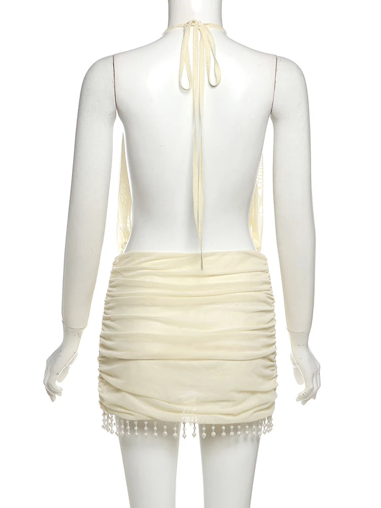Patchwork Mesh Mini Dress With Lace-Up Halter Backless Tassel Detail